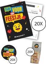 Uitnodiging kinderfeestje Compleet - Voordeelset 60 stuks : 20 uitnodigingskaarten + 20 uitdeelzakjes + 20 stickers - verjaardag feest - Emoji