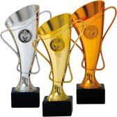 Luxe trofee/prijs beker - set van 3x - brons/goud/zilver - metaal - 20 x 10 cm