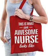 Bellatio Decorations caeau tas voor verpleegkundige/zuster - rood - katoen - 42 x 38 cm - awesome nurse