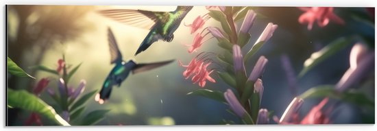 Dibond - Kolibries Vliegend bij Roze Plantgjes - 60x20 cm Foto op Aluminium (Wanddecoratie van metaal)