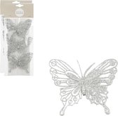 House of Seasons kerstboomversiering vlinders op clip - 6x st - zilver - 10 cm