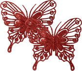 Decoris kerstboom decoratie vlinders op clip - 2x - rood - 13 cm