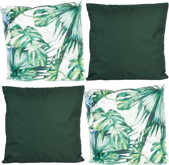 Ensemble de coussins : 2x vert foncé, 2x avec imprimé palmier tropical.