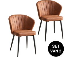 Troon Collectie - Alyssa - Industriële eetkamerstoel - Set van 2 - Cognac - met armleuning - Leren uitstraling - Microvezel - Eetstoelen - Stevige Eettafelstoel - Eetkamer stoelen - Extra stoelen voor huiskamer - Dineerstoelen