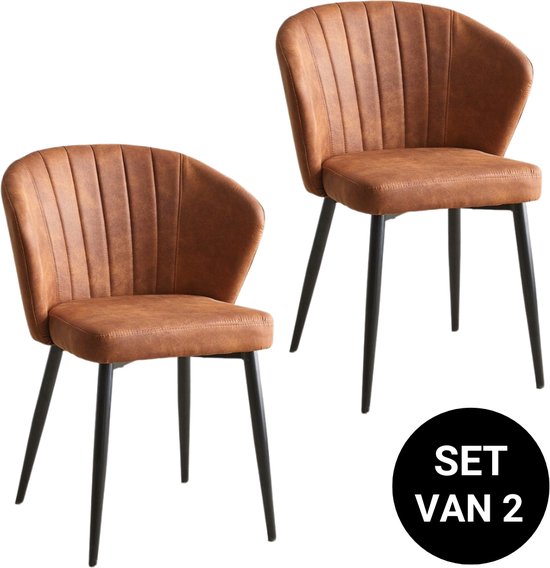 Troon Collectie - Alyssa - Industriële eetkamerstoel - Set van 2 - Cognac - met armleuning - Leren uitstraling - Microvezel - Eetstoelen - Stevige Eettafelstoel - Eetkamer stoelen - Extra stoelen voor huiskamer - Dineerstoelen