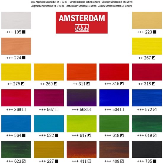 Kleurenkaart met 24 kleuren Amsterdam acrylverf, elk met kleurstaal en nummer.