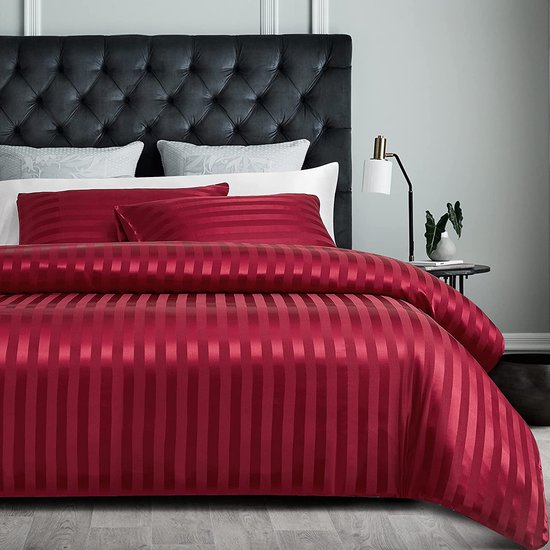 Parure de lit en satin 200 x 220 cm Parure de lit à rayures en satin rouge  Housse de... | bol.com