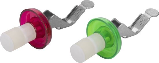 Twee flexibele dopjes, één roze en één groen, met metalen hefboom en 'inox' opdruk.
