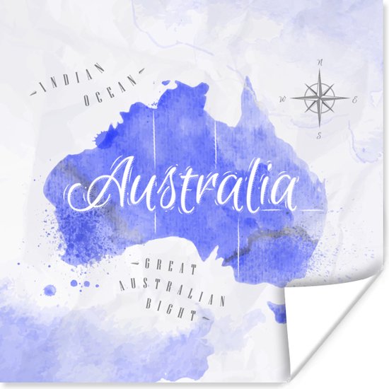Décoration murale - Carte du Wereldkaart - Australie - Blauw - 50x50 cm - Affiche