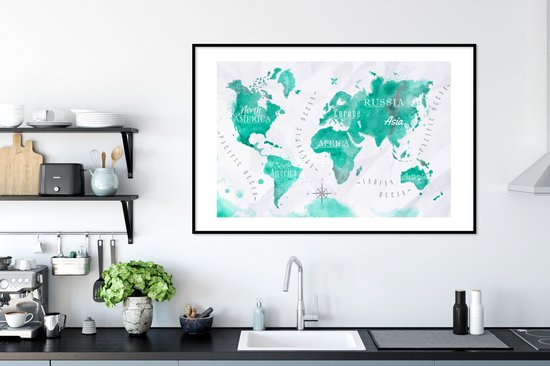 Poster in lijst - Fotolijst 120x80 cm - Posters - Wereldkaart - Schilderij - Waterverf - Posterlijst zwart - Decoratie - Wanddecoratie woonkamer - Muurdecoratie slaapkamer