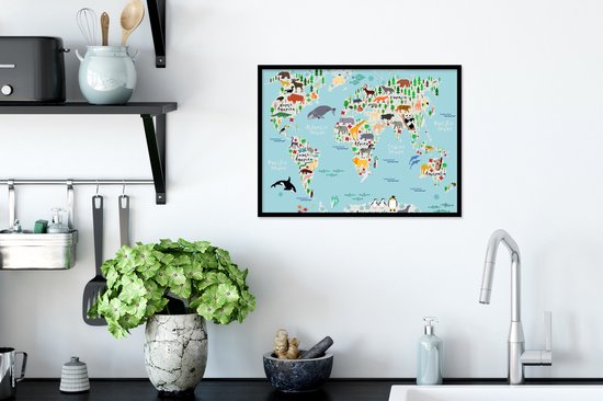Affiche avec cadre Monde - Carte - Enfants - Animaux - 40x30 cm