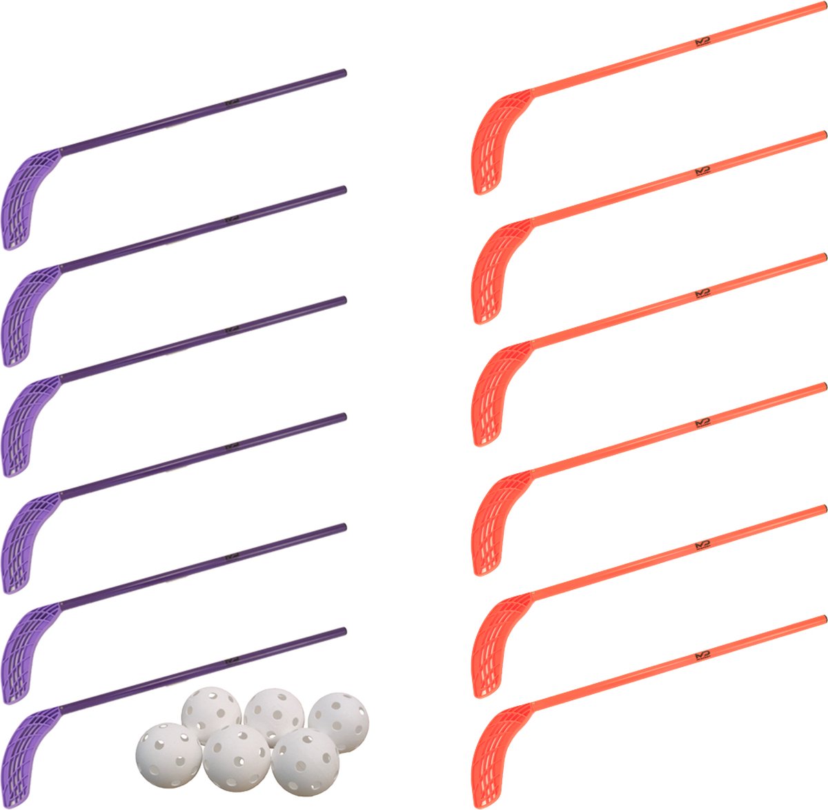 MDsport - Unihockey sticks - Kort - Floorball sticks - Kunststof hockeysticks - Set van 12 + 6 ballen - Basis onderwijs - Paars / Oranje