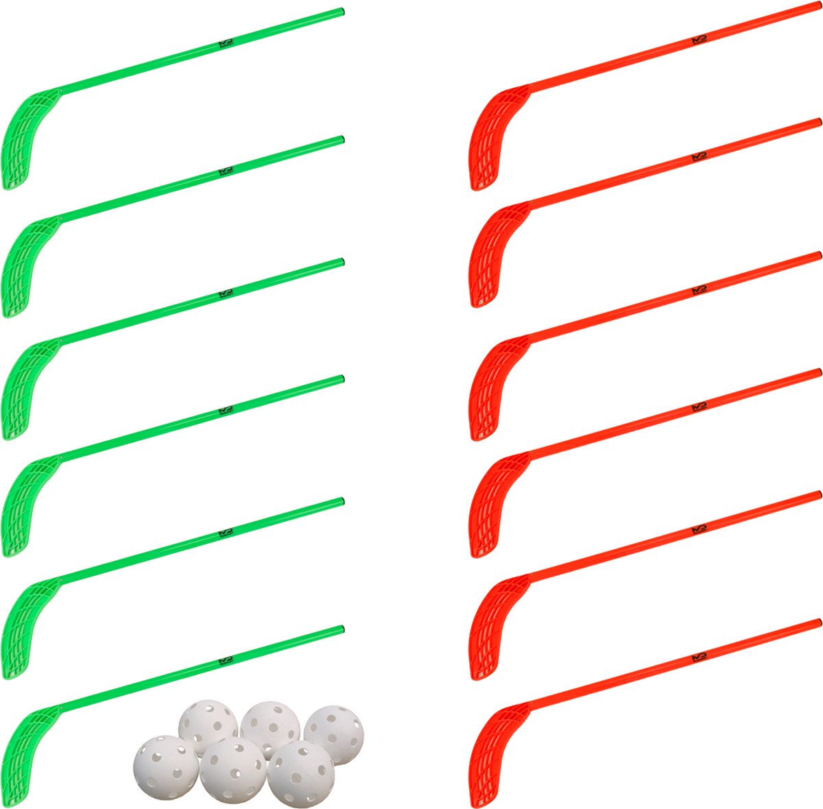 MDsport - Unihockey sticks - Floorball sticks - Kunststof hockeysticks - Set van 12 + 6 ballen - Voortgezet Onderwijs - Groen / Rood