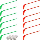 MDsport - Unihockeysticks - Floorballsticks - Crosses de hockey en plastique - Set de 12 + 6 balles - Enseignement secondaire - Vert / Rouge