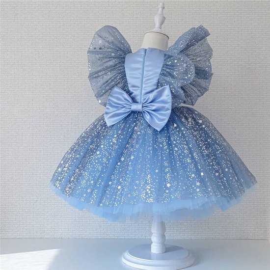Prinsessenjurk lichtblauw met grote strik - prachtige jurk voor de 2e verjaardag van jouw prinses - glitter en pailletten jurk voor feestje of trouwerij