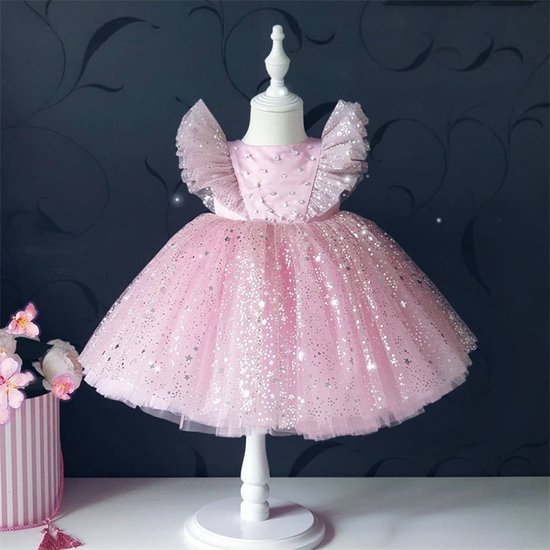 Robe de princesse rose avec grand nœud - belle robe pour le 2ème anniversaire de votre princesse - robe à paillettes et paillettes pour fête ou mariage