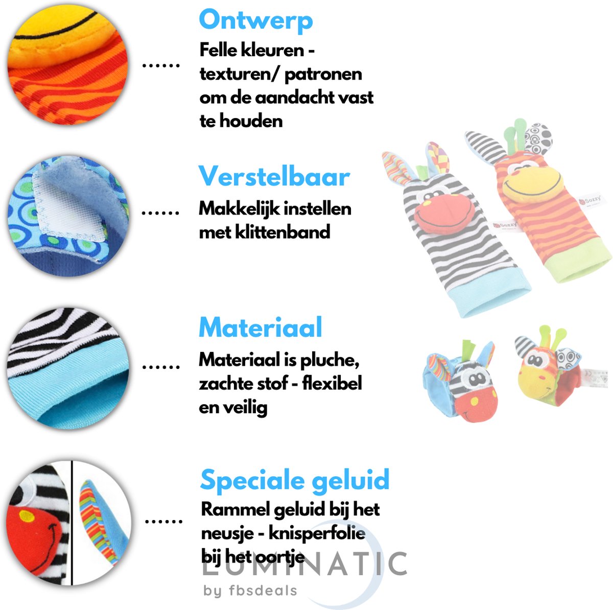 Baby Rammelaar - Rammelaar Sokjes en Armbandjes - Pols en Voetrammelaar - Speel en Voetzoeker Sokken - Baby Sokjes - Pluche Knuffels - Rammelaar - Belletjes | Luminatic® | Zebra & Giraffe 2 | 1 Set, 4 Stuks — afbeelding 3