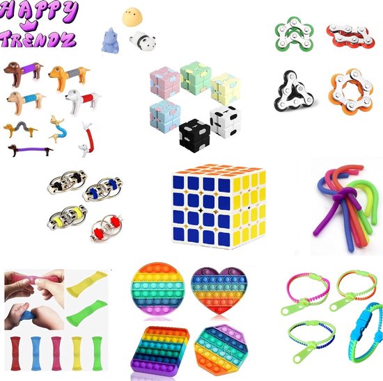 Happy Trendz® / Fidget Toys Pakket - Set met 10 verschillende Top Fidget Toys: Mochi Squishy - Fidget Attomic Ball ,Infinity Cube , Rainbow Pop it - Fidget Fietsketting, Flippy Chain, Fidget Monkey Noodle, Fidget Zipper Rits / tik tok