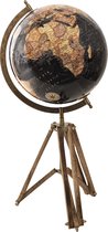 HAES DECO - Decoratieve Wereldbol met bruin houten standaard - formaat 28x55cm - kleuren Zwart / Geel / Bruin - Vintage Wereldbol, Globe, Aarbol