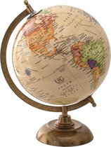 HAES DECO - Decoratieve Wereldbol met metalen koperkleurige voet - formaat 22x30cm - kleuren Beige / Oranje / Groen - Vintage Wereldbol, Globe, Aarbol