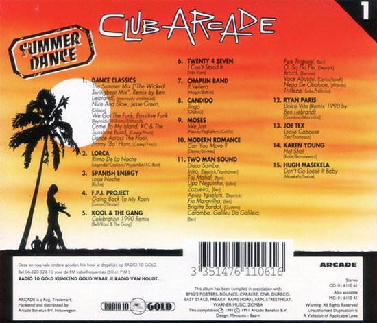 Achterkant CD Club Arcade 1 Summer Dance met nummerlijst en logo's.