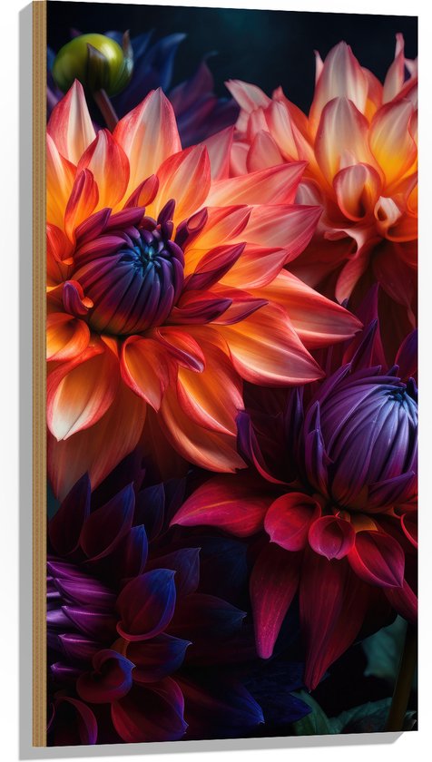 Hout - Boeket van Oranje en Paarse Bloemen - 50x100 cm - 9 mm dik - Foto op Hout (Met Ophangsysteem)