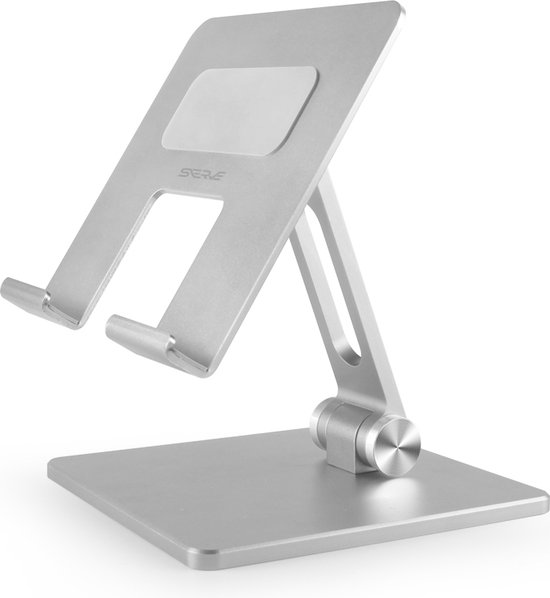 Foto: Serve tablet houder xl opvouwbaar extra stevig stabiel inklapbare aluminium standaard voor tafel of bureau zilver