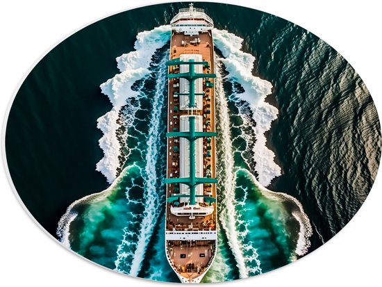 PVC Schuimplaat Ovaal - Bovenaanzicht van Groot Cruiseschip Varend over de Golven van de Zee - 40x30 cm Foto op Ovaal (Met Ophangsysteem)