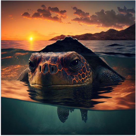 Poster (Mat) - Close-up van Boze Zeeschildpad Dobberend bij het Wateroppervlak - 80x80 cm Foto op Posterpapier met een Matte look