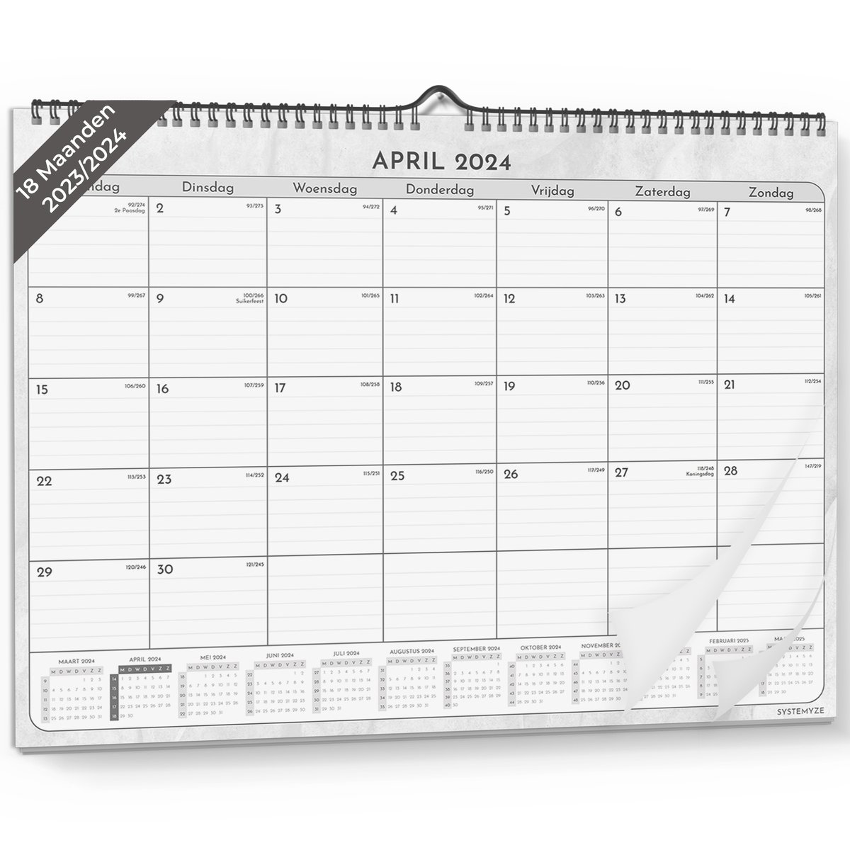 Systemyze Maandkalender 2024 Ophangbaar - Kalender - Maandplanner - Familieplanner - Wandkalender - 43 x 33cm