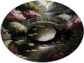 Dibond Ovaal - Brug over Sloot met Mooie Bloemen - 96x72 cm Foto op Ovaal (Met Ophangsysteem)