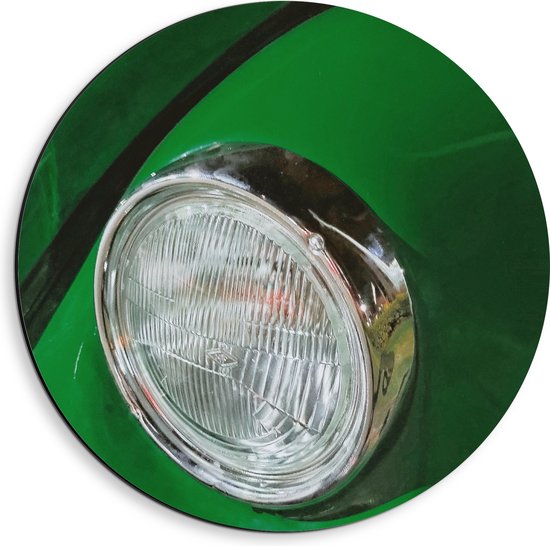 Dibond Muurcirkel - Close-up van Ouderwetse Koplamp op Groenkleurige Auto - 40x40 cm Foto op Aluminium Muurcirkel (met ophangsysteem)