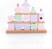 Liebelini - houten speelgoed - blokken huis - stapelblokken - roze lila mintgroen
