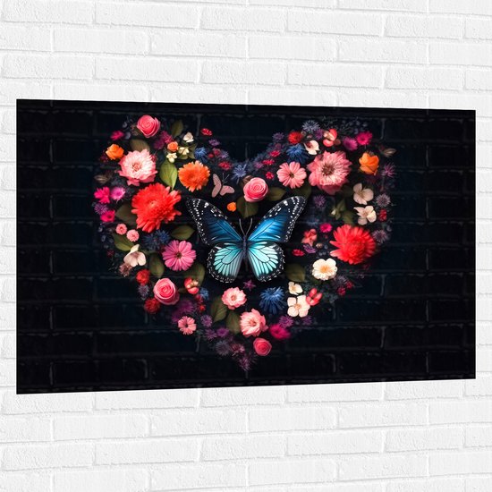 Muursticker - Hart van Blauwe Vlinder en Verschillende Bloemen op Zwarte Achtergrond - 120x80 cm Foto op Muursticker