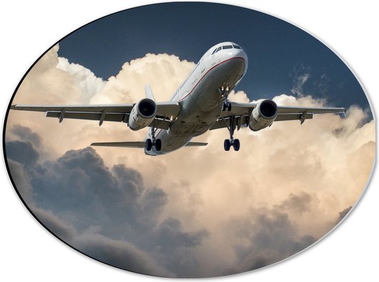 Dibond Ovaal - Wit Passagiersvliegtuig Vliegend vanuit Dicht Wolkendek - 40x30 cm Foto op Ovaal (Met Ophangsysteem)