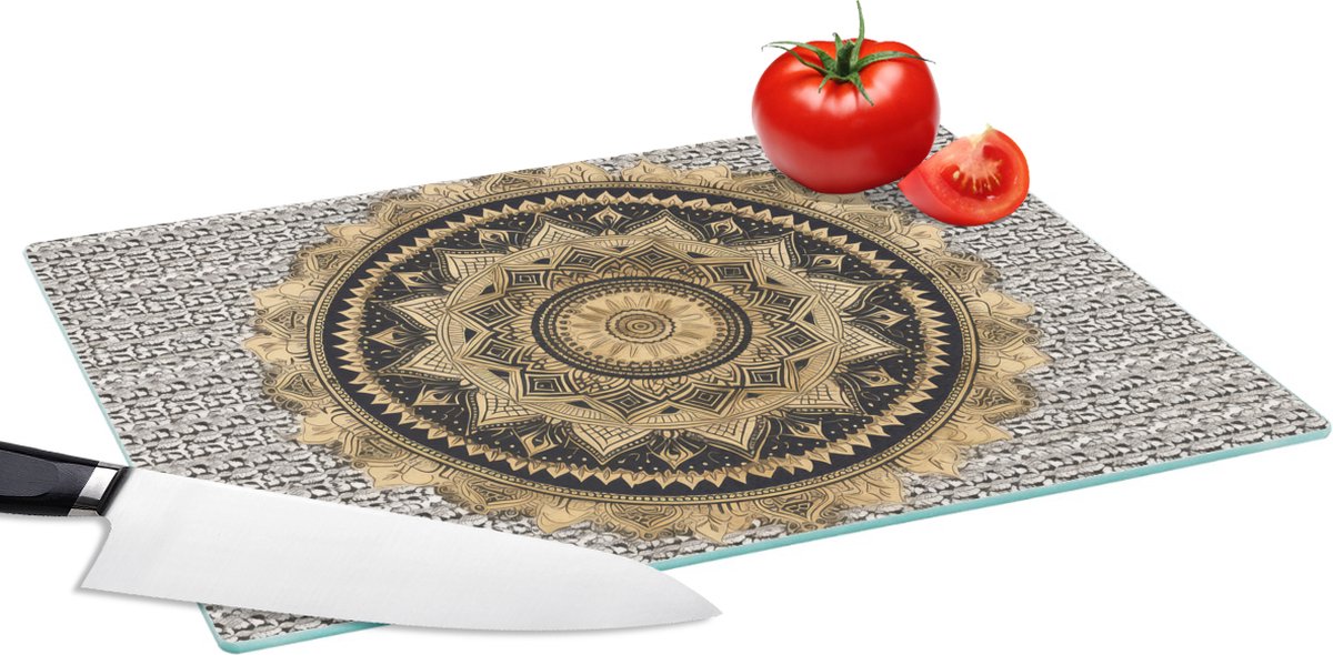 Glazen Snijplank - 39x28 - Mandala - Bloem - Goud - Luxe - Bohemian - Snijplanken Glas