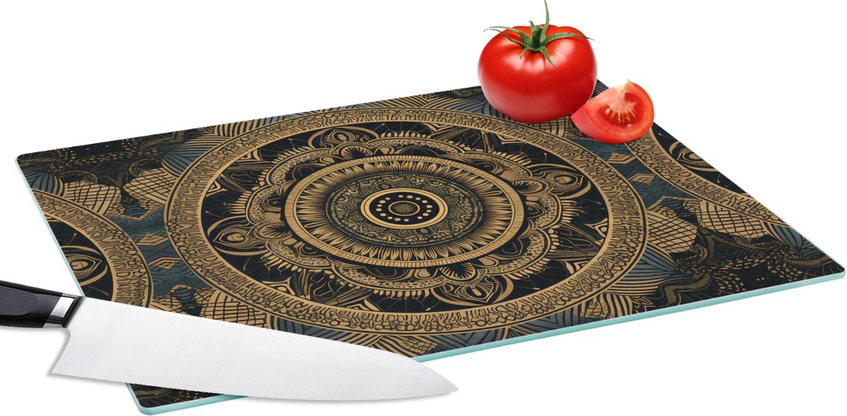 Glazen Snijplank - 39x28 - Mandala - Goud - Bohemian - Luxe - Snijplanken Glas