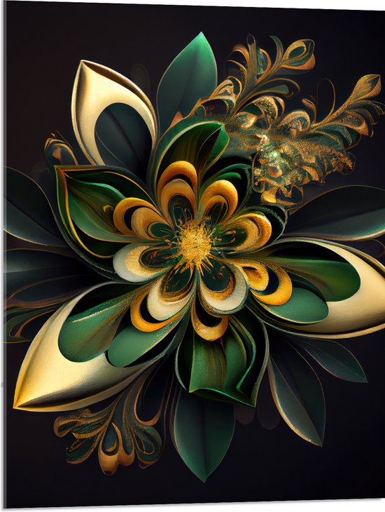 Acrylglas - Bloem in Groen en Goud Tinten - 60x80 cm Foto op Acrylglas (Wanddecoratie op Acrylaat)