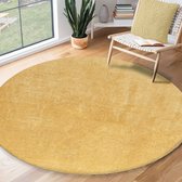 Karpet24 Loft modern pluizig laagpolig tapijt - Ø 120 cm rond antislip onderkant, wasbaar tot 30 graden, heerlijk zacht, bontlook, goud