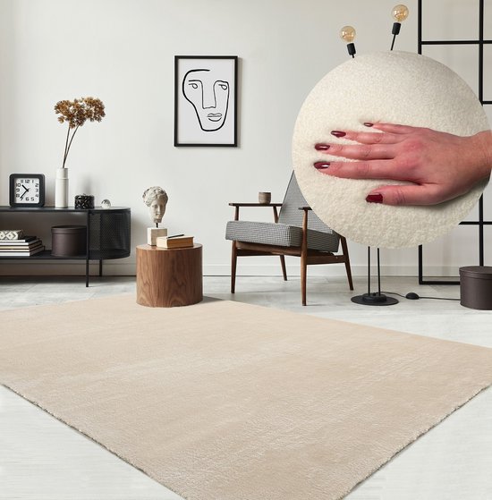 Karpet24 Loft modern pluizig laagpolig tapijt - 140 x 200 cm rechthoek antislip onderkant, wasbaar tot 30 graden, heerlijk zacht, bontlook, beige