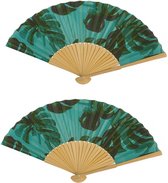 Spaanse handwaaier - 2x - Tropische zomer kleuren print groene bomen - bamboe/papier - 21 cm