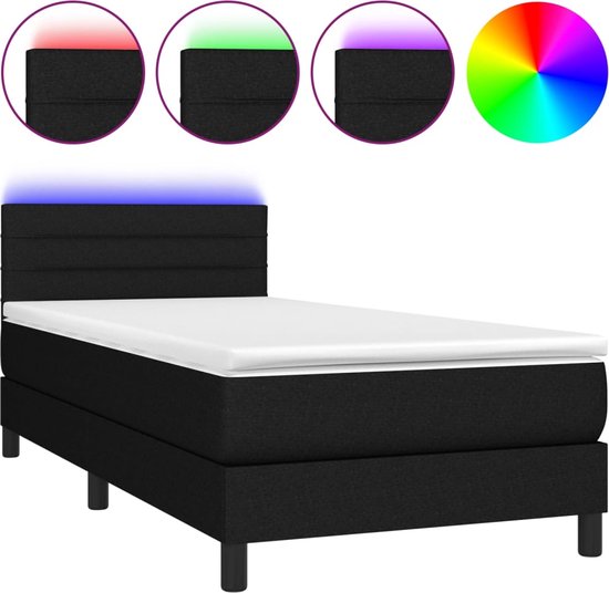 vidaXL - Boxspring - met - matras - en - LED - stof - zwart - 90x190 - cm
