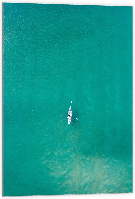 Dibond - Bovenaanzicht van Sporters in Kano op Felblauwe Oceaan - 60x90 cm Foto op Aluminium (Met Ophangsysteem)