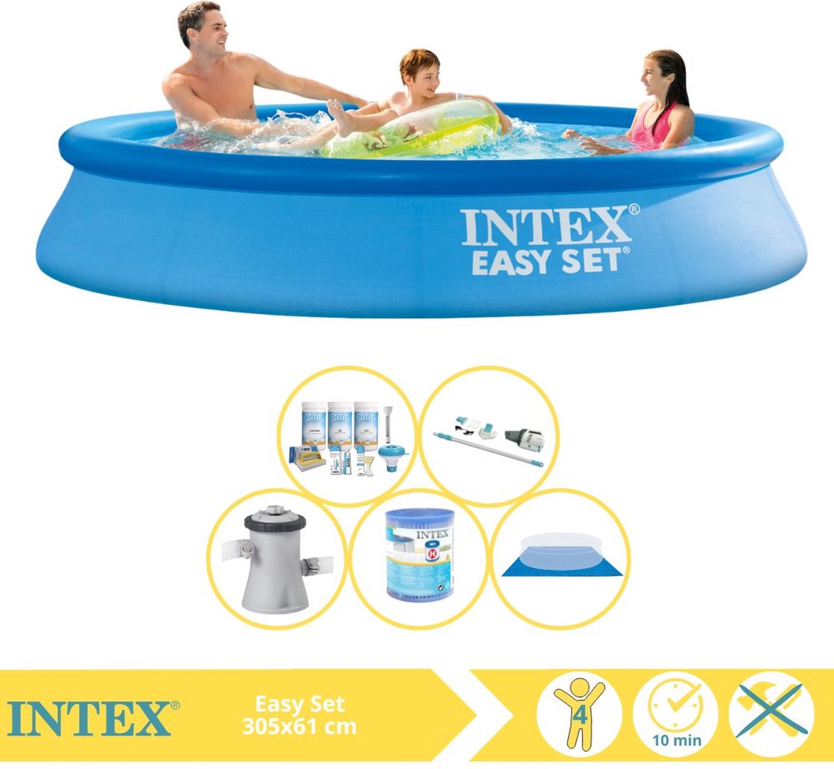 Intex Easy Set Zwembad - Opblaaszwembad - 305x61 cm - Inclusief Onderhoudspakket, Zwembadpomp, Filter, Grondzeil en Stofzuiger