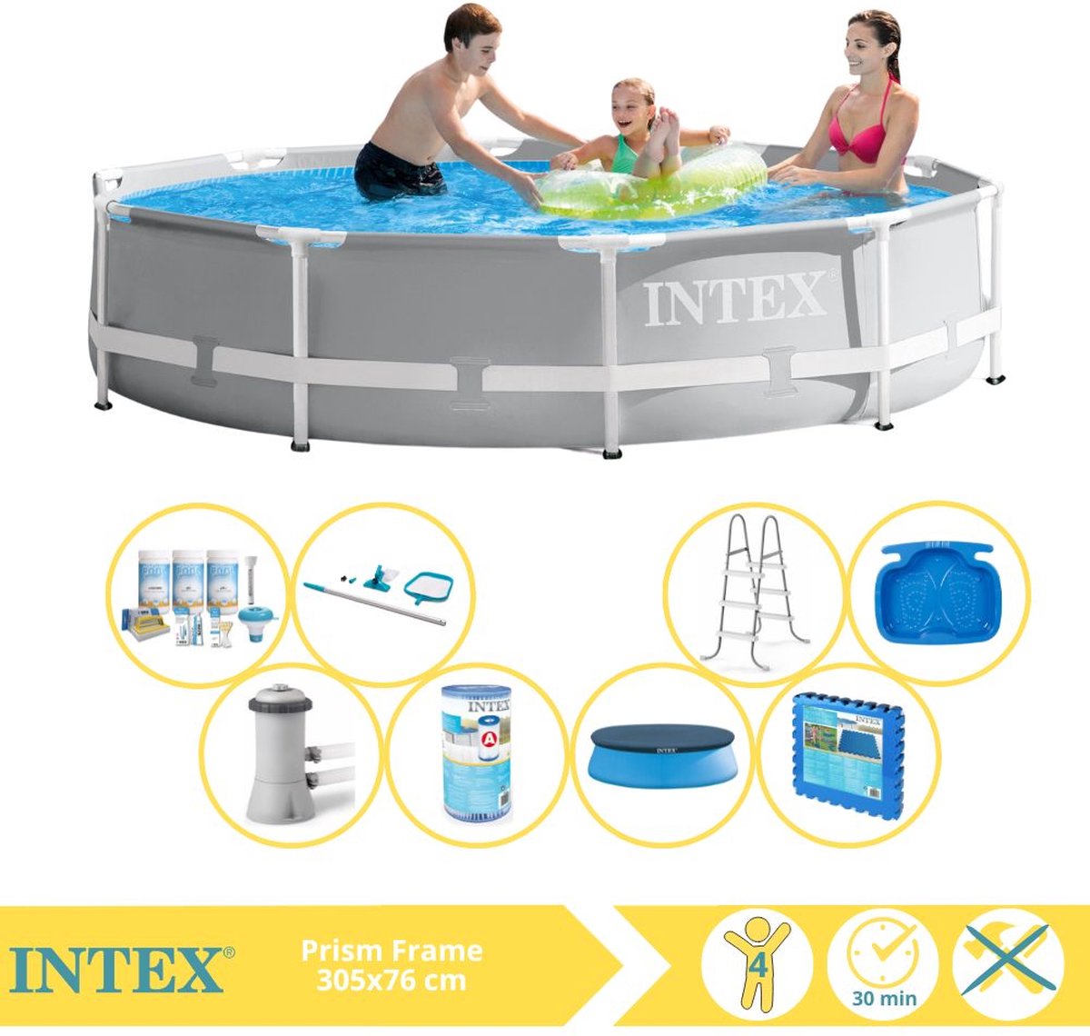 Intex Prism Frame Zwembad – Opzetzwembad – 305×76 cm – Inclusief Afdekzeil, Onderhoudspakket, Filter, Onderhoudsset, Trap, Voetenbad en Zwembadtegels