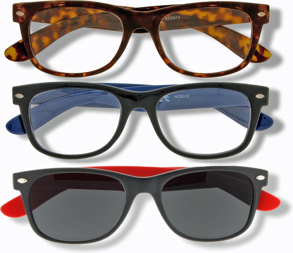 Noci Eyewear set van 3 (zonne)leesbrillen Wayefarer - sterkte +2.50 - 1 x tortoise - 1 x zwart/navy - 1 x zonneleesbril zwart/rood