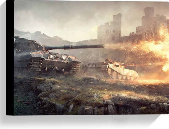Canvas - Aanval op Stad van Soldaten in Tanks - 40x30 cm Foto op Canvas Schilderij (Wanddecoratie op Canvas)