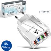Arisenn® ULTRA QC 3.0 4-poorts USB 12.4 Ampere snellader wit voor smartphones en tablets. Wereldwijd te gebruiken, multi-poort laden met meerdere beveiligingen. Geschikt voor Apple, Samsung, Huawei, OPPO, OnePlus en meer. NL stekker