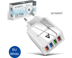 Arisenn® ULTRA QC 3.0 4-poorts USB 12.4 Ampere snellader wit voor smartphones en tablets. Wereldwijd te gebruiken, multi-poort laden met meerdere beveiligingen. Geschikt voor Apple, Samsung, Huawei, OPPO, OnePlus en meer. NL stekker