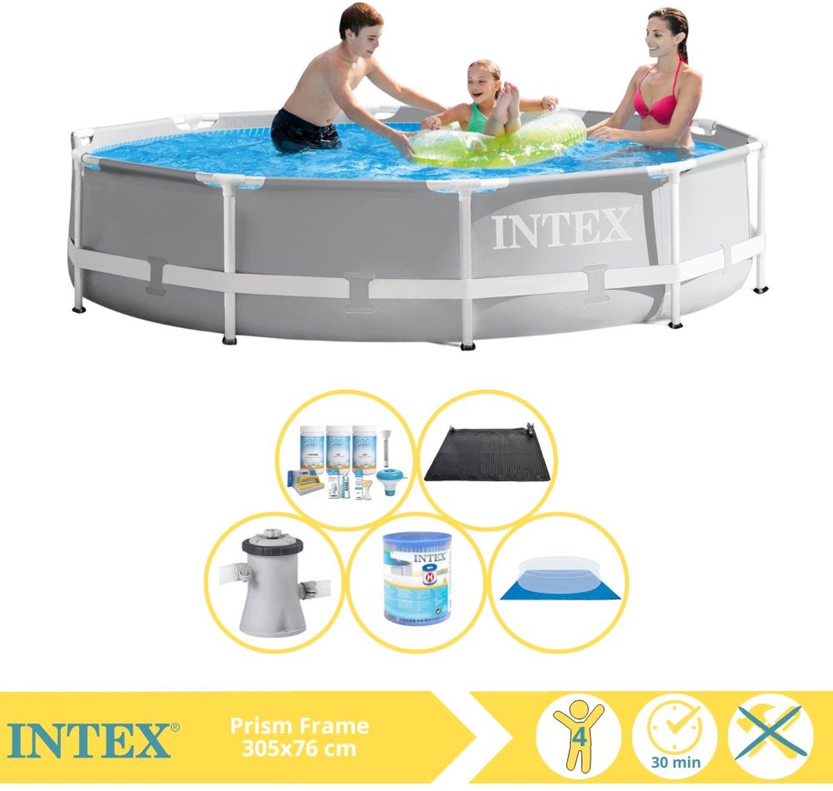 Intex Rond Prism Frame Zwembad - 366 x 76 cm - Grijs - Inclusief Pomp - Onderhoudspakket - Filter - Grondzeil - Solar Mat - 6-delig